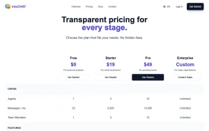 intoCHAT pricing page with plans and prices — screenshot of the chat assistants AI tool, 2026-10-02