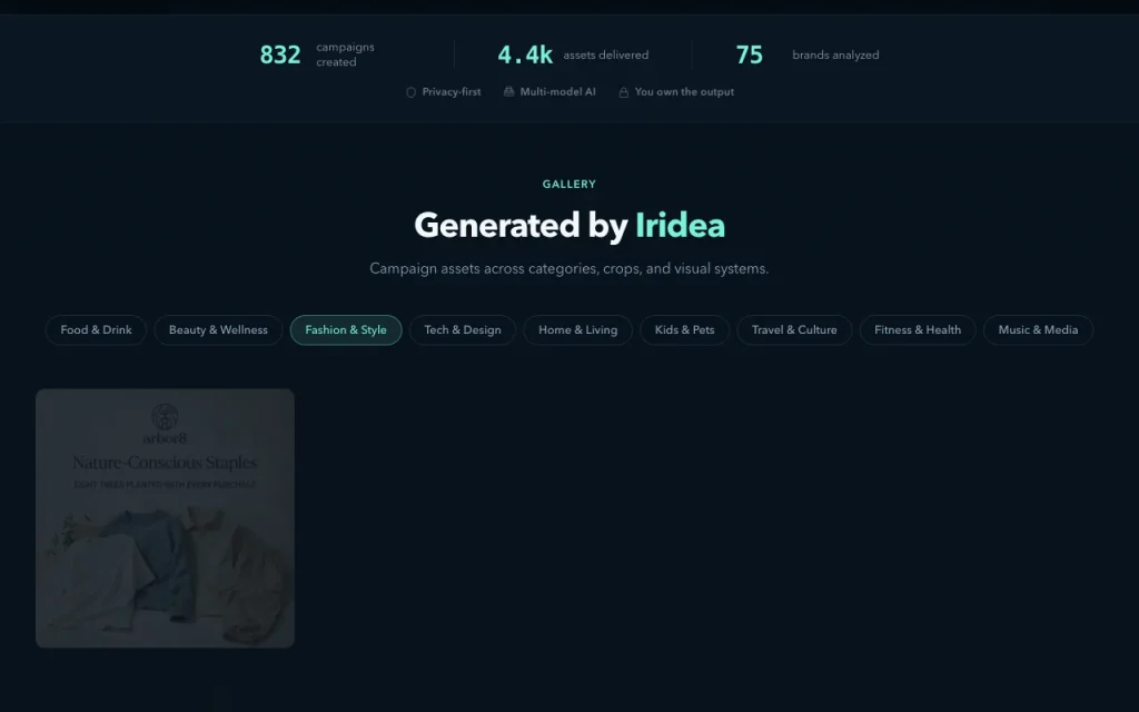 Iridea homepage — screenshot of the image generation AI tool, Oct 2, 2026
