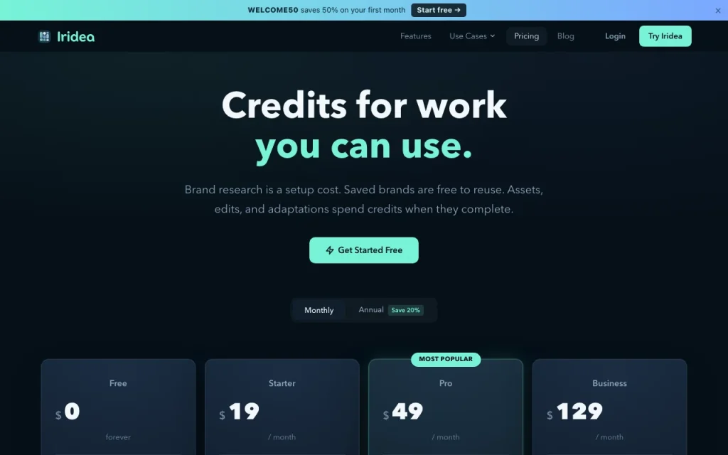 Iridea pricing page with plans and prices — screenshot of the image generation AI tool, Oct 2, 2026