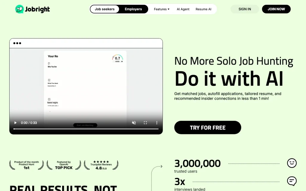 Jobright homepage — screenshot of the productivity & writing AI tool, Oct 13, 2026