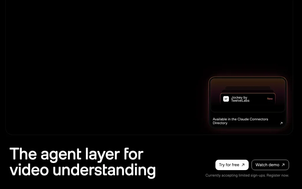 Jockey by TwelveLabs homepage — screenshot of the video AI tool, Oct 1, 2026