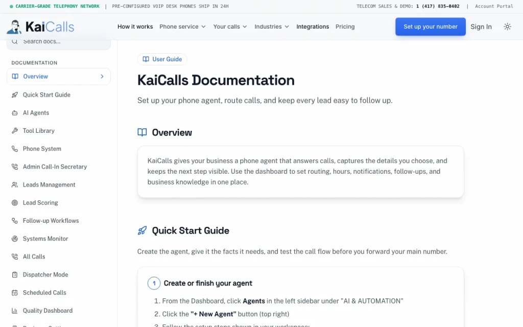 KaiCalls documentation — capture d'écran de l'outil d'IA audio et voix, Oct 2, 2026