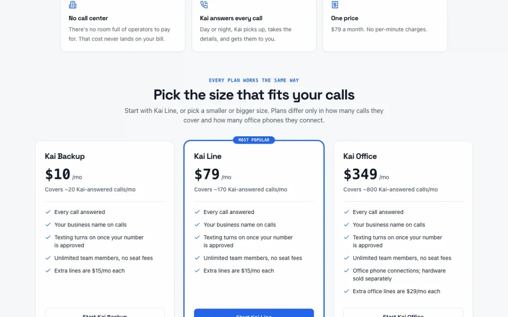 KaiCalls pricing page with plans and prices — screenshot of the audio & voice AI tool, Oct 2, 2026