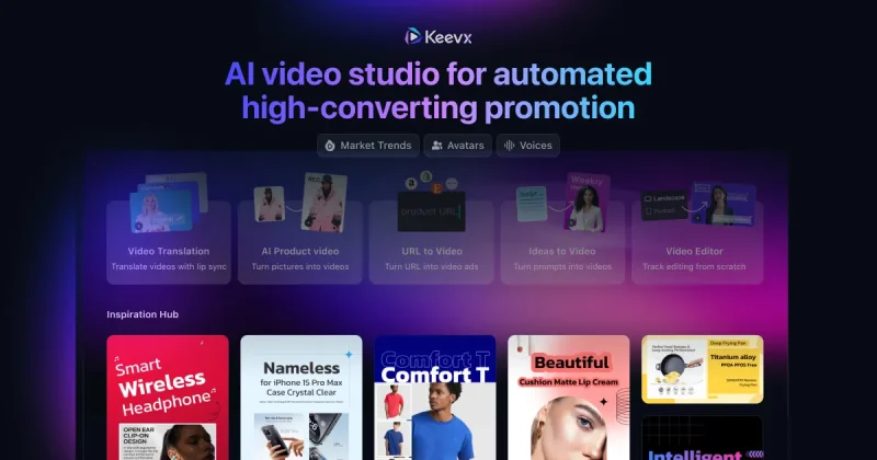 Captura de la página de inicio de Keevx, herramienta de IA video