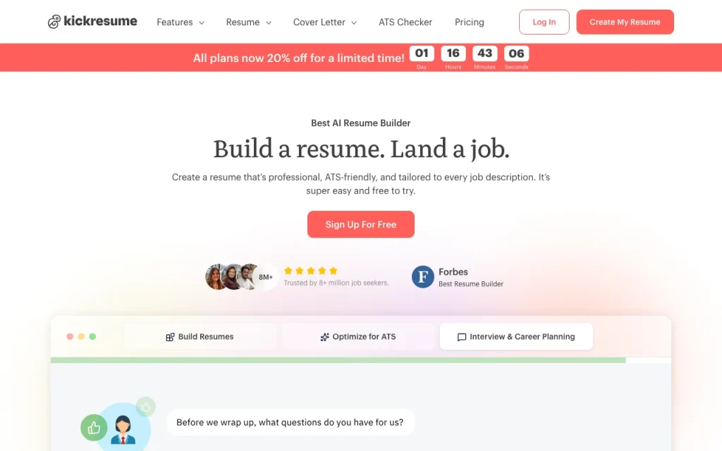 Kickresume Startseite – Screenshot des KI-Tools produktivität & schreiben, Oct 13, 2026