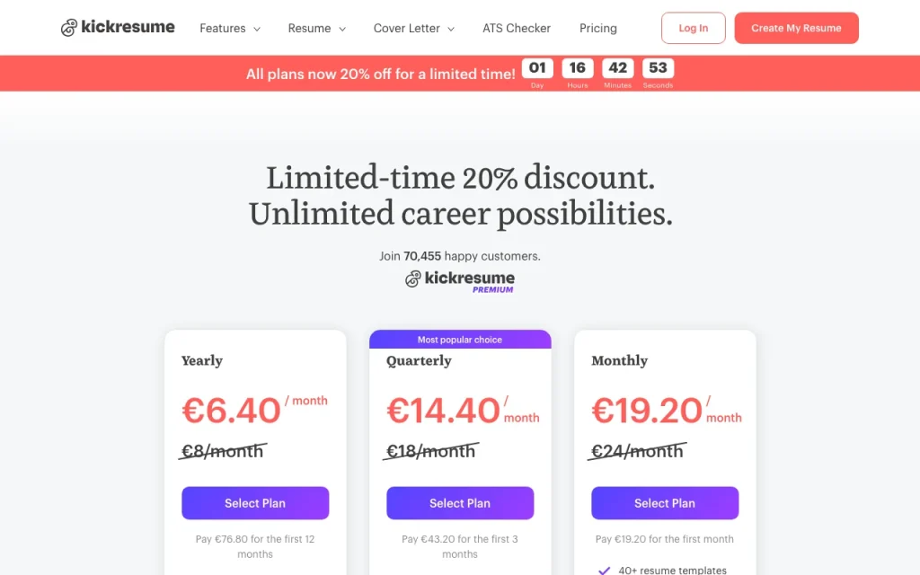 Kickresume Preisseite mit Tarifen und Preisen – Screenshot des KI-Tools produktivität & schreiben, Oct 13, 2026