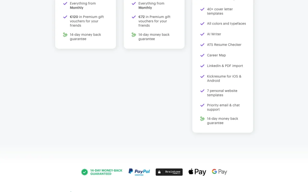 Kickresume Preisseite mit Tarifen und Preisen – Screenshot des KI-Tools produktivität & schreiben, Oct 13, 2026