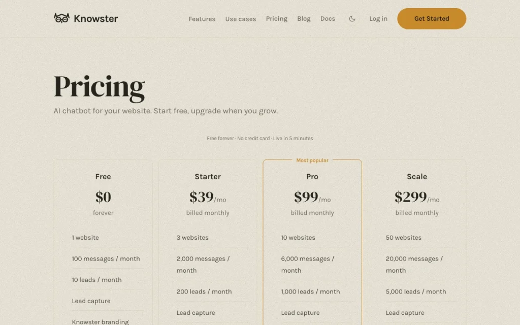 Knowster pricing page with plans and prices — screenshot of the chat assistants AI tool, Oct 1, 2026