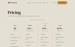 Knowster pricing page with plans and prices — screenshot of the chat assistants AI tool, 2026-10-01