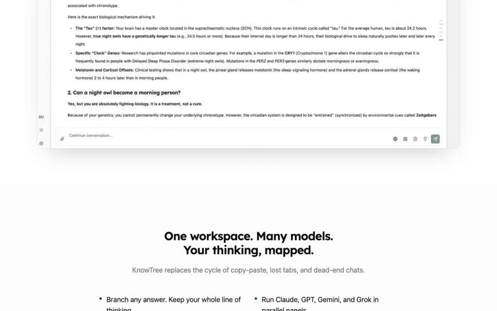 KnowTree página principal — captura de pantalla de la herramienta de IA asistentes de chat, Oct 2, 2026