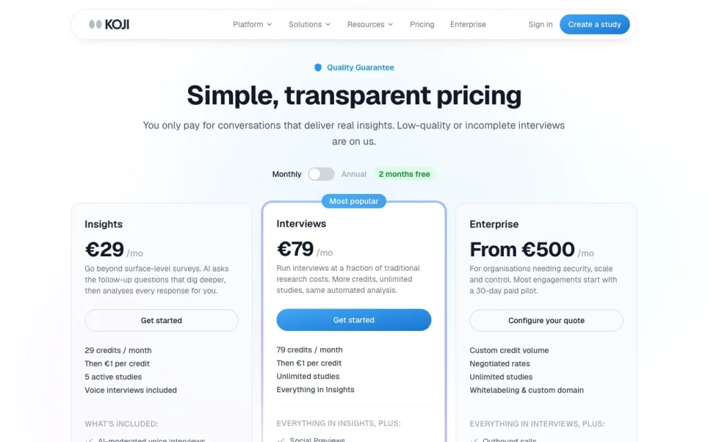 Koji pricing page with plans and prices — screenshot of the research & search AI tool, Oct 1, 2026