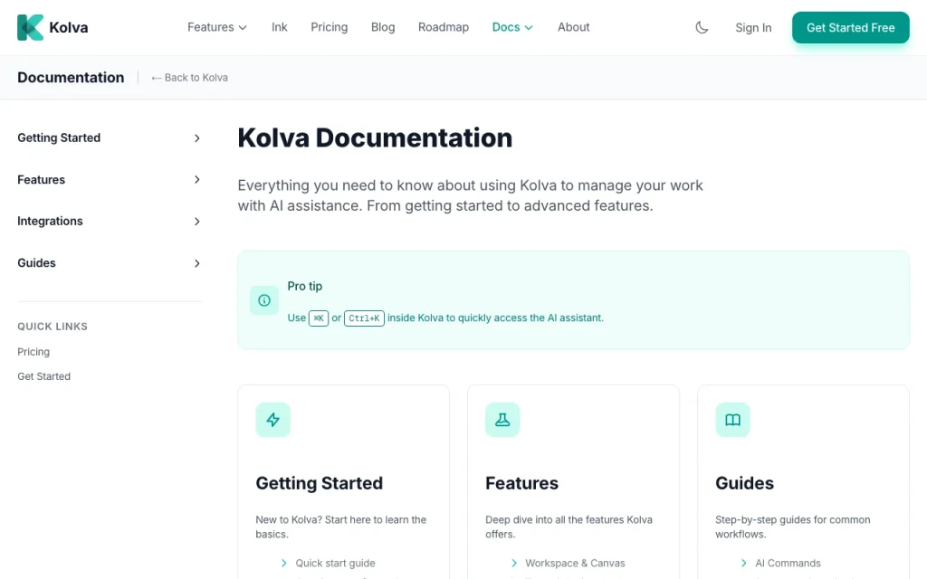 Kolva documentation — screenshot of the productivity & writing AI tool, Oct 2, 2026