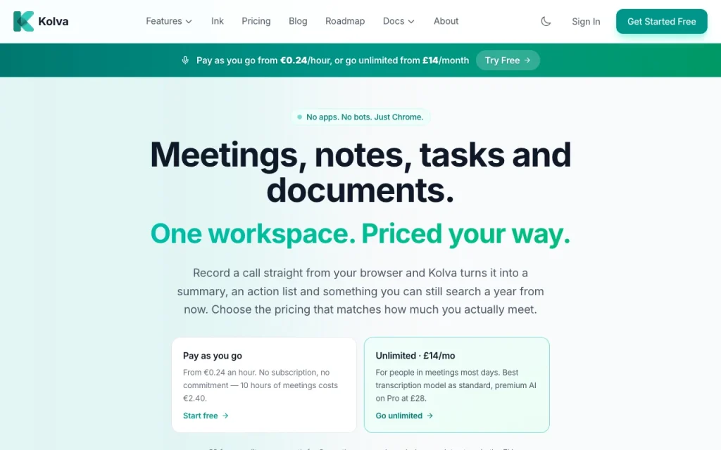 Kolva página principal — captura de pantalla de la herramienta de IA productividad y escritura, Oct 2, 2026