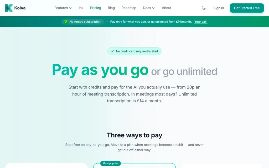 Kolva pricing page with plans and prices — screenshot of the productivity & writing AI tool, Oct 2, 2026