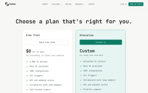 Komos pricing page with plans and prices — screenshot of the productivity & writing AI tool, 2026-10-02
