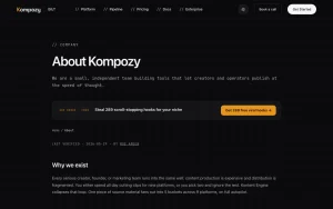 Kompozy about page — screenshot of the productivity & writing AI tool, 2026-10-02