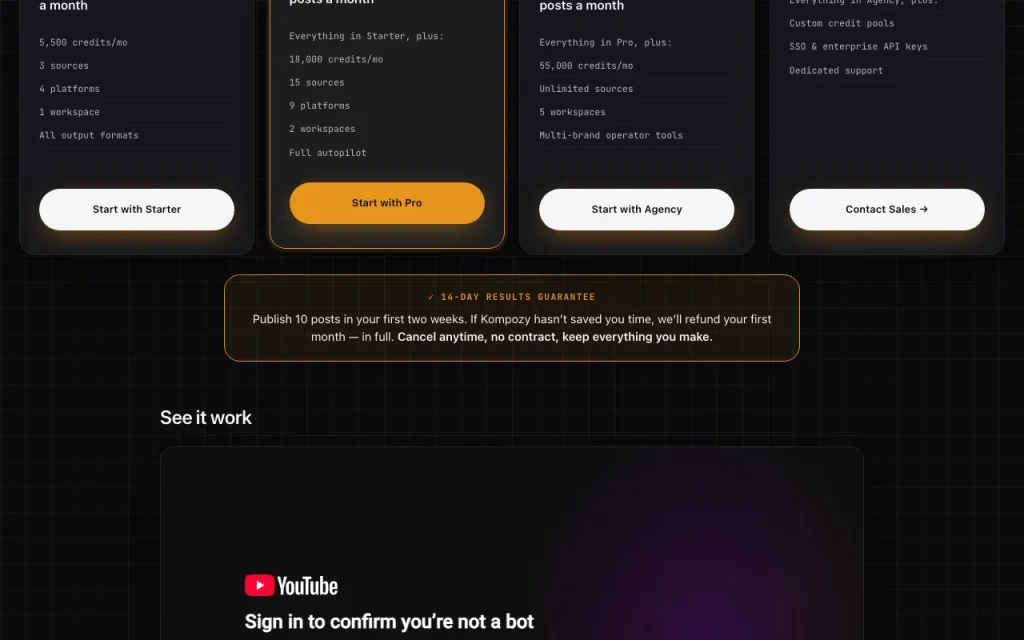 Kompozy Preisseite mit Tarifen und Preisen – Screenshot des KI-Tools produktivität & schreiben, Oct 2, 2026
