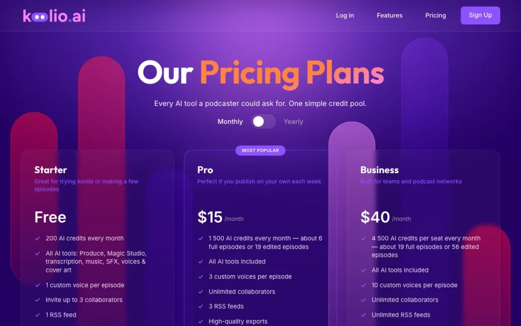 koolio.ai pricing page with plans and prices — screenshot of the audio & voice AI tool, Oct 2, 2026