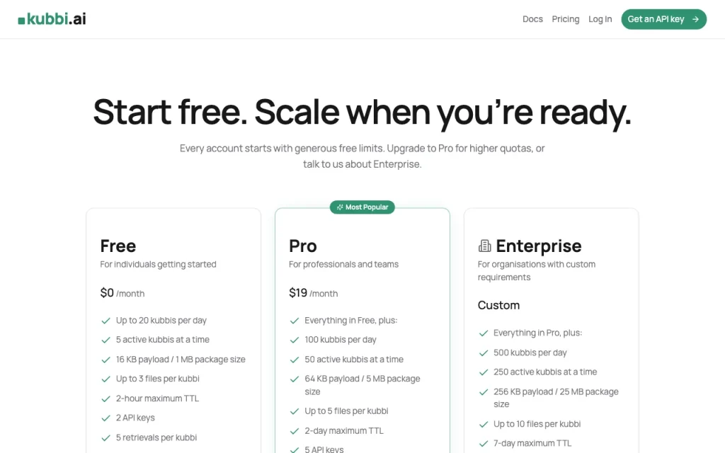 kubbi pricing page with plans and prices — screenshot of the productivity & writing AI tool, Oct 1, 2026