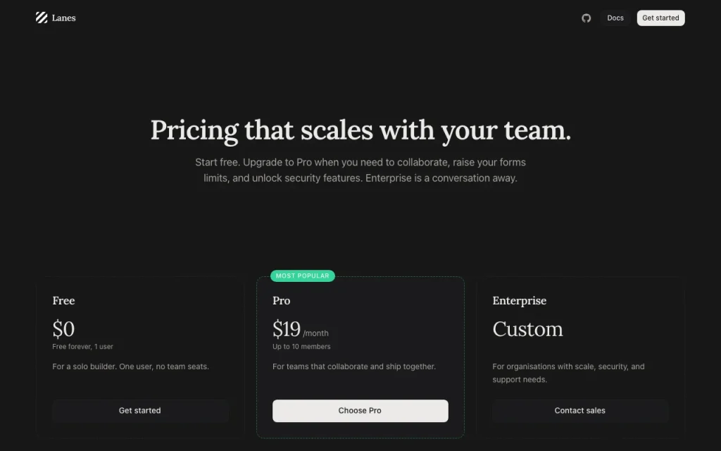 Lanes pricing page with plans and prices — screenshot of the coding AI tool, Oct 1, 2026
