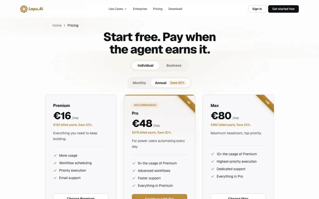 Lapu AI pricing page with plans and prices — screenshot of the productivity & writing AI tool, Oct 1, 2026