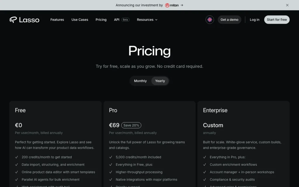 Lasso pricing page with plans and prices — screenshot of the productivity & writing AI tool, Oct 1, 2026