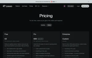 Lasso pricing page homepage screenshot, productivity & writing AI tool
