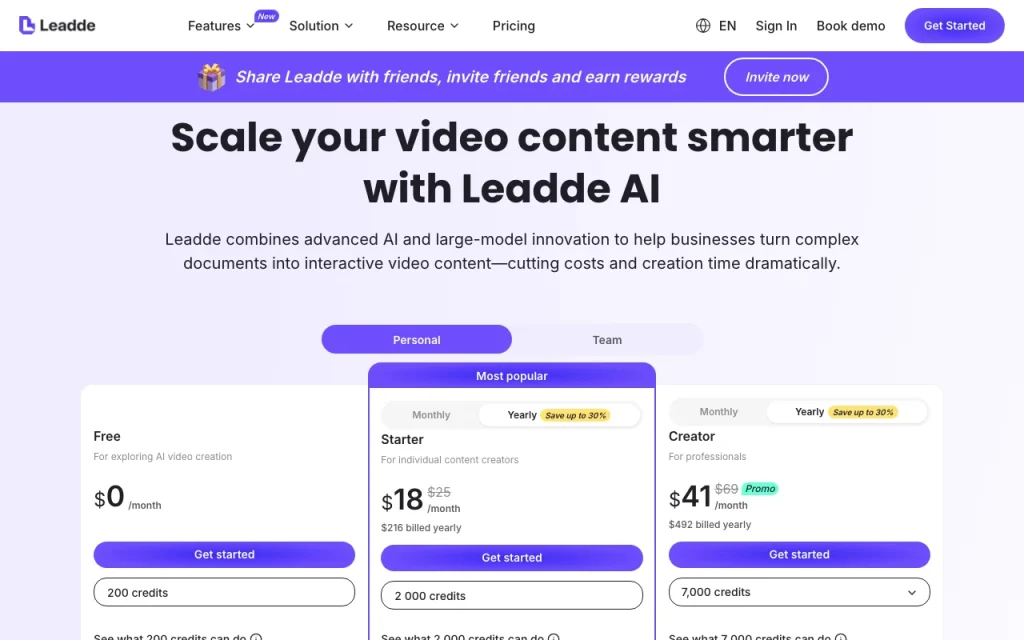 Leadde página de precios con planes y precios — captura de pantalla de la herramienta de IA video, Oct 2, 2026