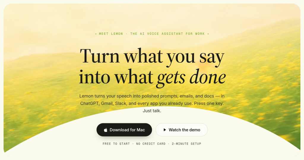 Lemon Startseite, Screenshot, KI-Tool produktivität & schreiben