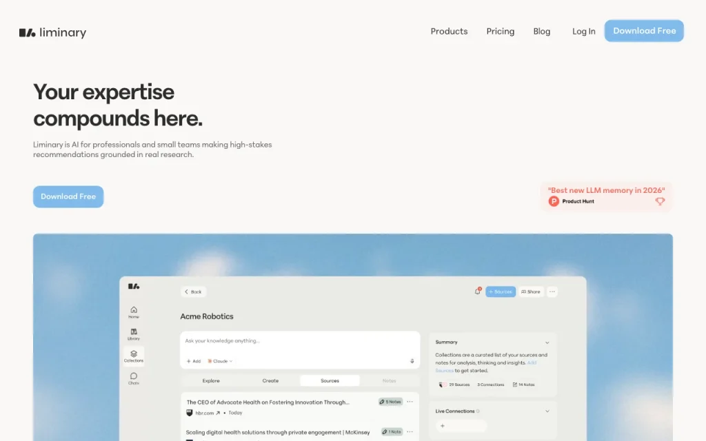 Liminary homepage — screenshot of the research & search AI tool, Oct 2, 2026
