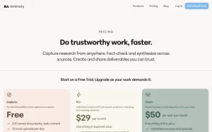 Liminary pricing page with plans and prices — screenshot of the research & search AI tool, 2026-10-02