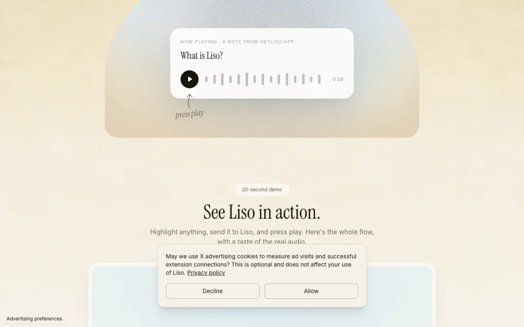 Liso homepage — screenshot of the audio & voice AI tool, Oct 1, 2026