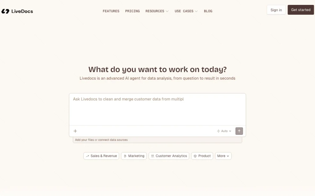 Livedocs homepage — screenshot of the research & search AI tool, Oct 2, 2026