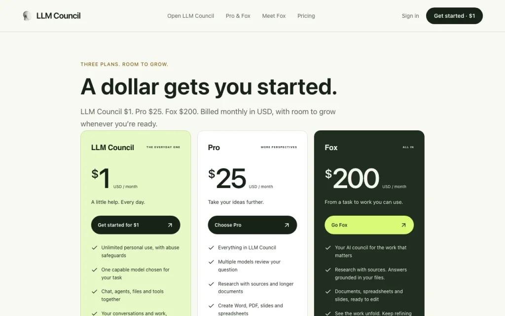 LLM Council página de precios con planes y precios — captura de pantalla de la herramienta de IA asistentes de chat, Oct 2, 2026