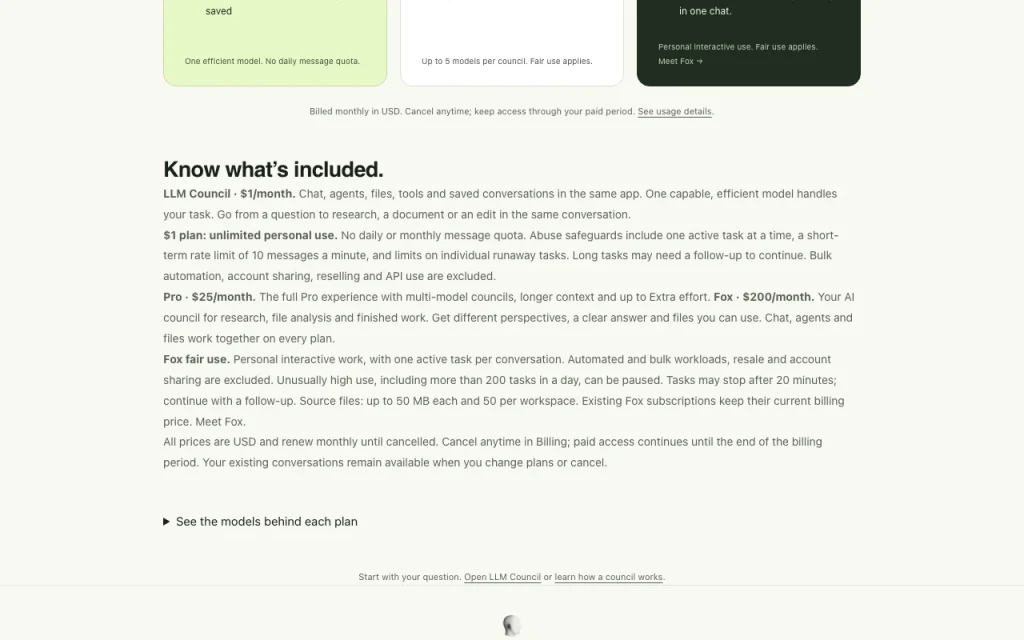 LLM Council pricing page with plans and prices — screenshot of the chat assistants AI tool, Oct 2, 2026