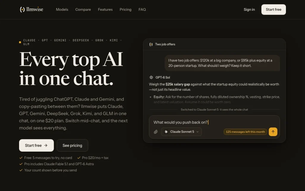 LLMWise página principal — captura de pantalla de la herramienta de IA asistentes de chat, Oct 2, 2026
