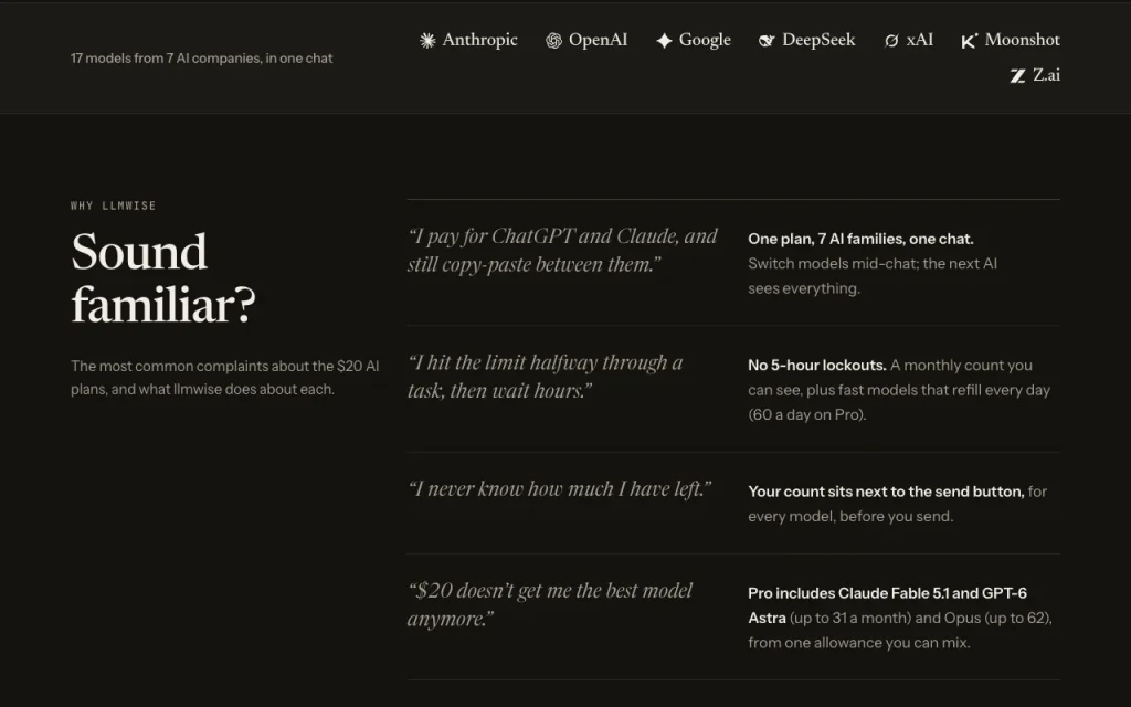 LLMWise homepage — screenshot of the chat assistants AI tool, Oct 2, 2026
