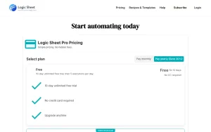 Logic Sheet pricing page with plans and prices — screenshot of the productivity & writing AI tool, 2026-10-02