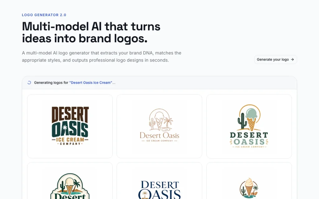 LogoAI homepage — screenshot of the image generation AI tool, Oct 13, 2026