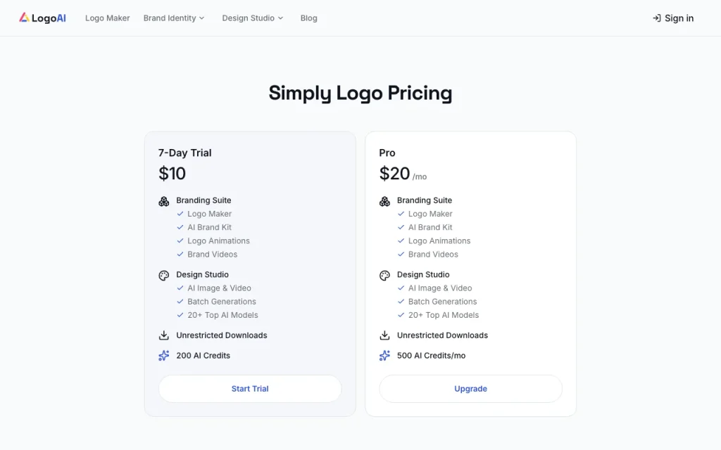 LogoAI página de precios con planes y precios — captura de pantalla de la herramienta de IA generación de imágenes, Oct 13, 2026