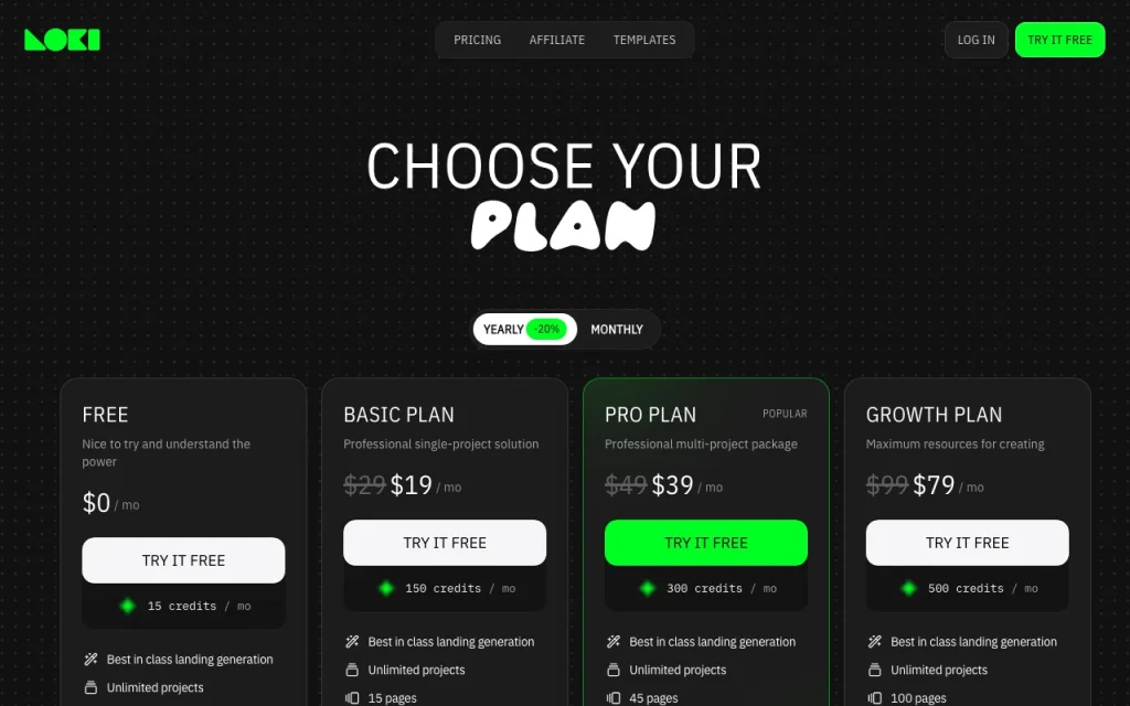 Loki.Build page de tarifs avec offres et prix — capture d'écran de l'outil d'IA productivité et rédaction, Oct 2, 2026