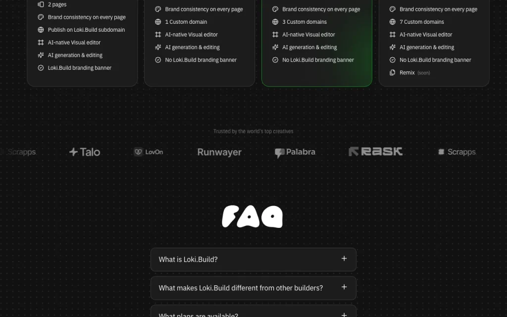 Loki.Build Preisseite mit Tarifen und Preisen – Screenshot des KI-Tools produktivität & schreiben, Oct 2, 2026