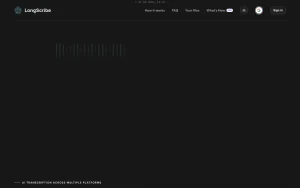 LongScribe homepage — screenshot of the audio & voice AI tool, 2026-10-01