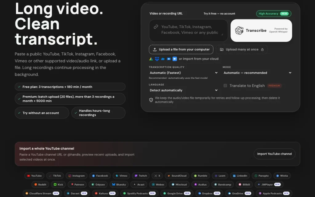 LongScribe homepage — screenshot of the audio & voice AI tool, Oct 1, 2026