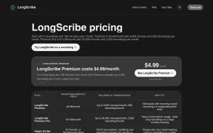 LongScribe pricing page with plans and prices — screenshot of the audio & voice AI tool, 2026-10-01