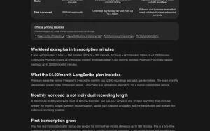 LongScribe pricing page with plans and prices — screenshot of the audio & voice AI tool, 2026-10-01
