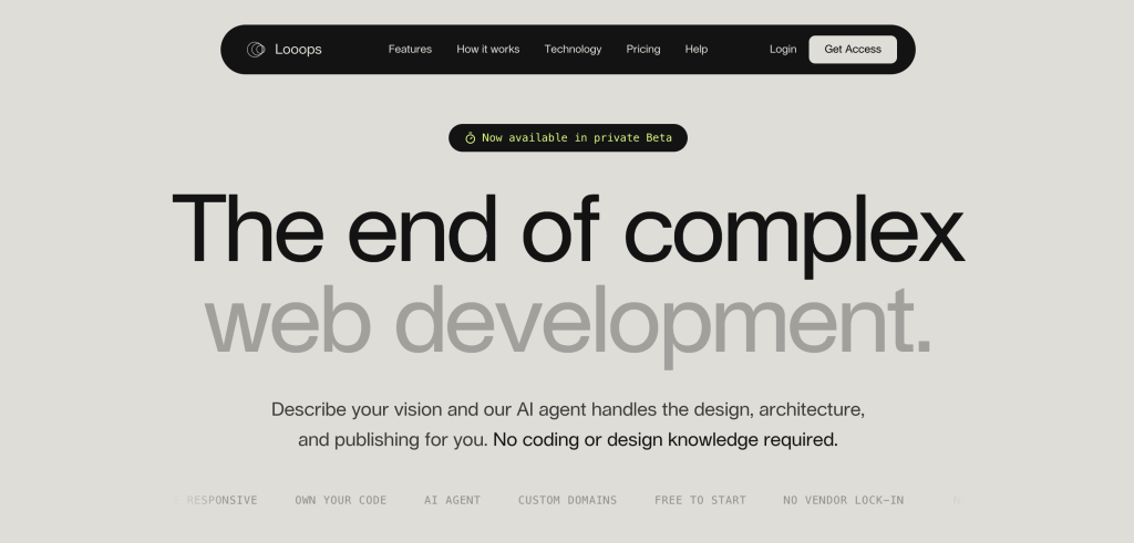 Looops homepage screenshot, coding AI tool