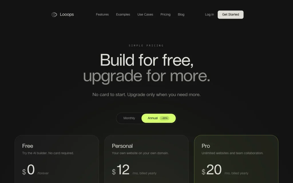 Looops pricing page with plans and prices — screenshot of the coding AI tool, Oct 1, 2026