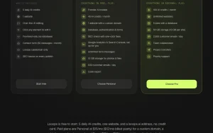 Looops pricing page with plans and prices — screenshot of the coding AI tool, 2026-10-01