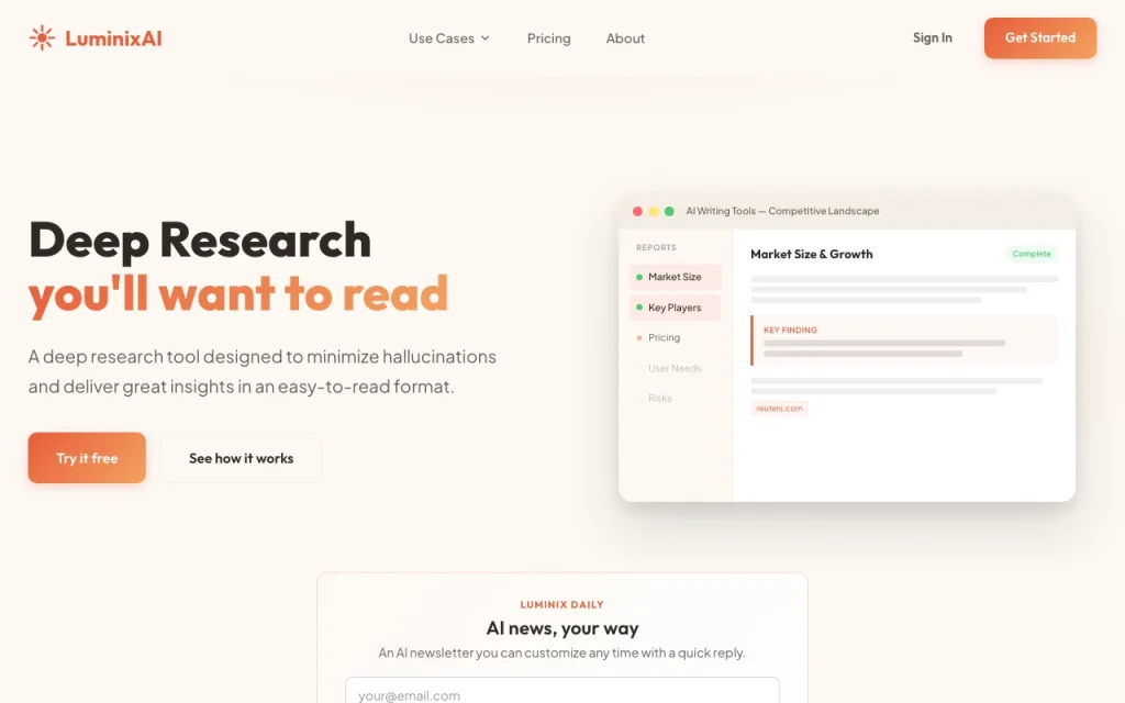 LuminixAI homepage screenshot, research & search AI tool
